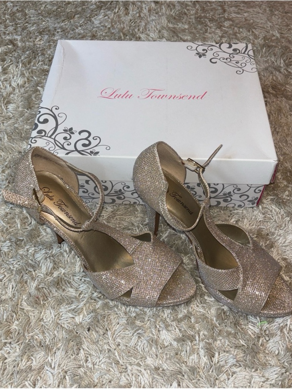 Lulu Townsend Glittery Champagne Peep-Toe T-Strap Heels